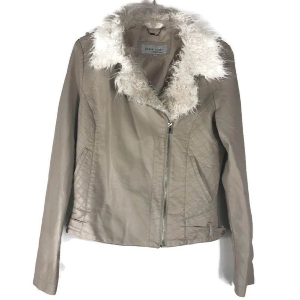 Black Rivet zip up Jacket Faux Leather/fur Coat Tan Womens Size Medium